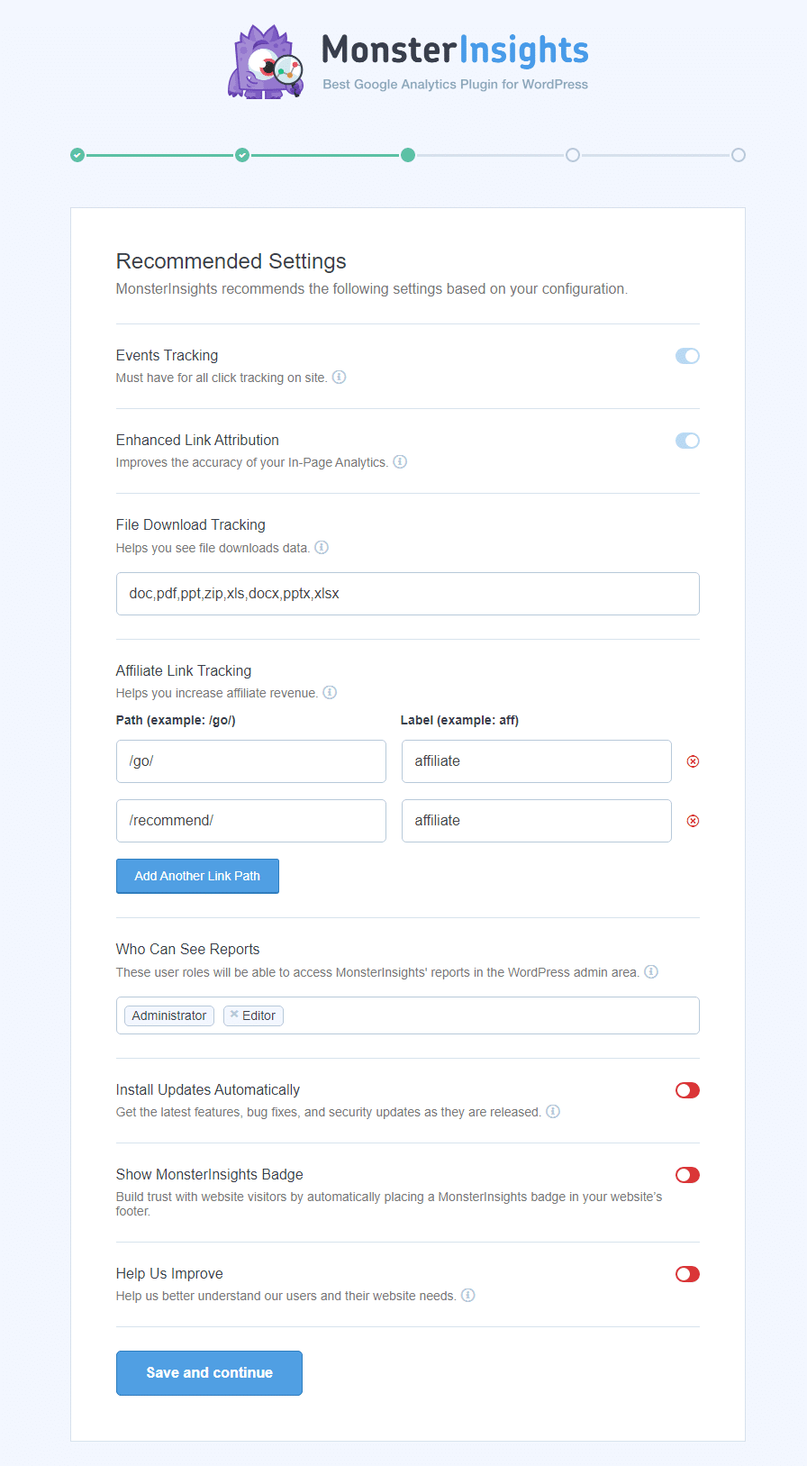 Configuring MonsterInsights Recommended Settings