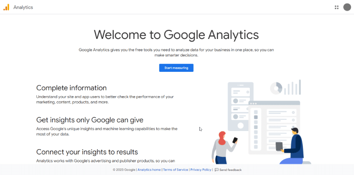 Google Analytics Home after creating an account