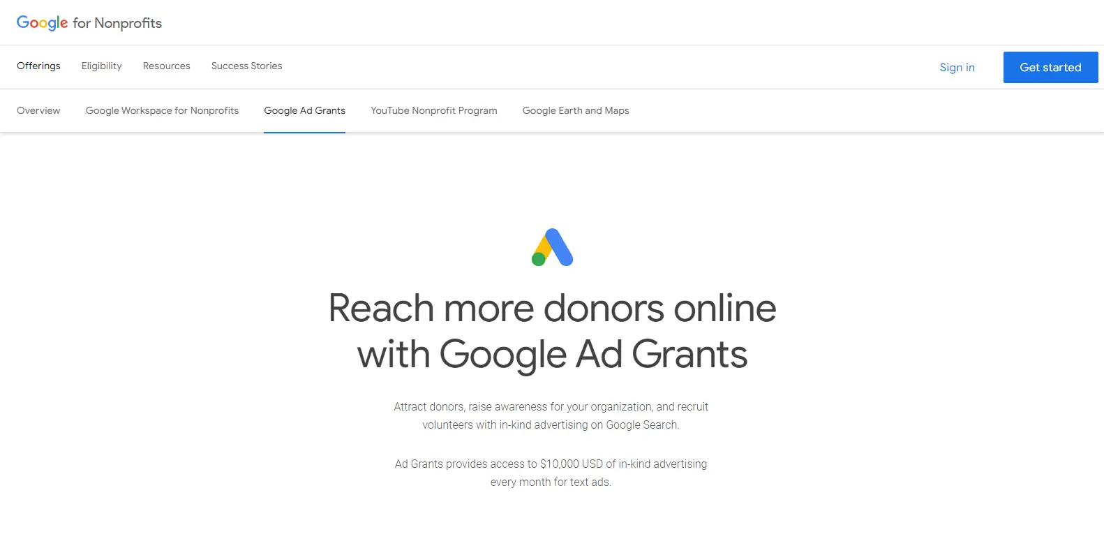 Google Ad Grants by Google for Nonprofits main page