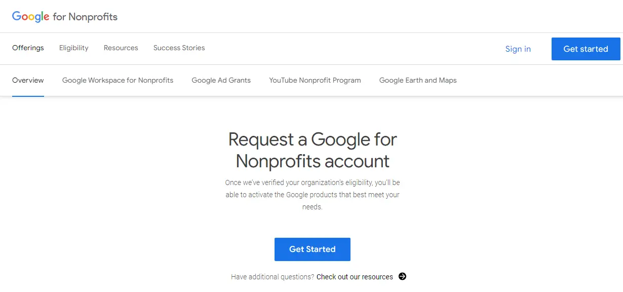 Request link for google for nonprofits account