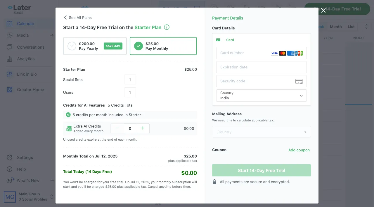 Adding card details in the Later app.