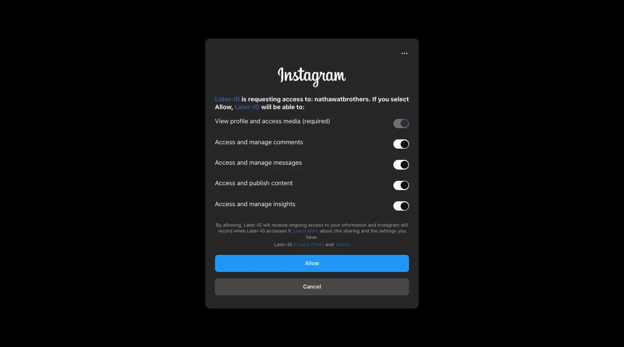 Allowing permissions to Later in the Instagram.