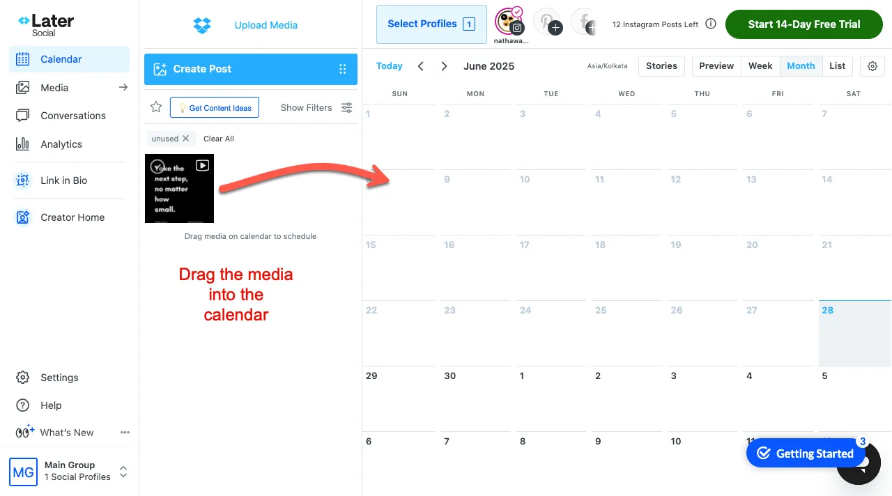 Dragging reel into Later calendar to schedule it.