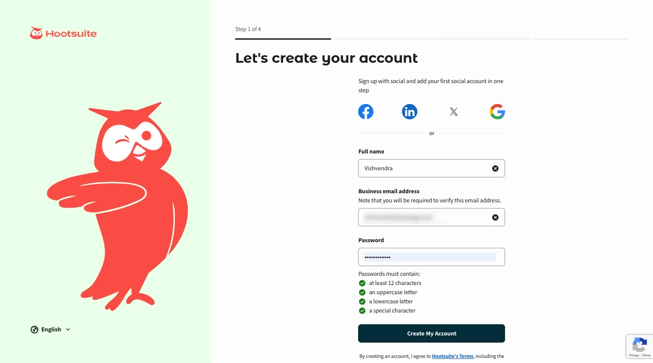 Hootsuite step 1 of 4 to create an account.