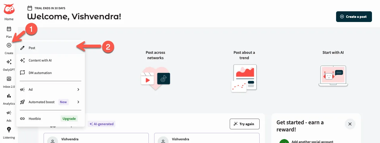 Hootsuite create options for Instagram Reel.