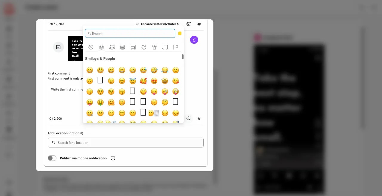Creative options of the Hootsuite Instagram reel schedule tool.