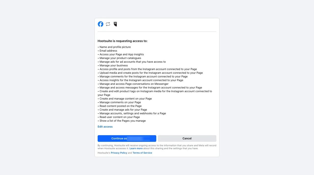 Allowing permissions to Hootsuite in Facebook.