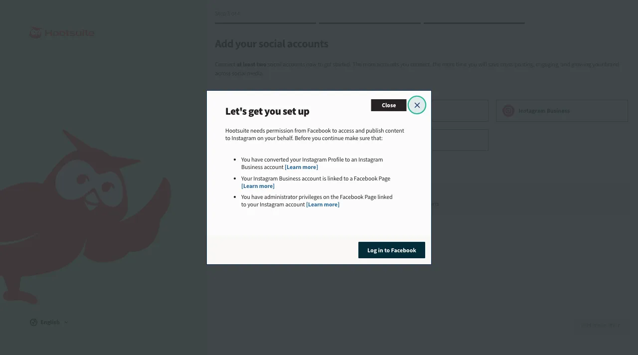 Log in to Facebook popup in the Hootsuite Account creation process when need to add Instagram Business account.