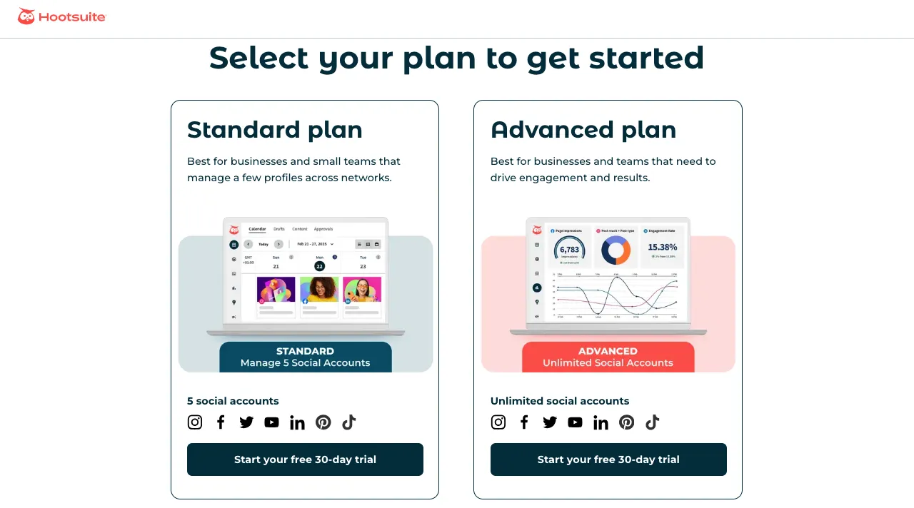 Plans of Hootsuite for Social Media management.