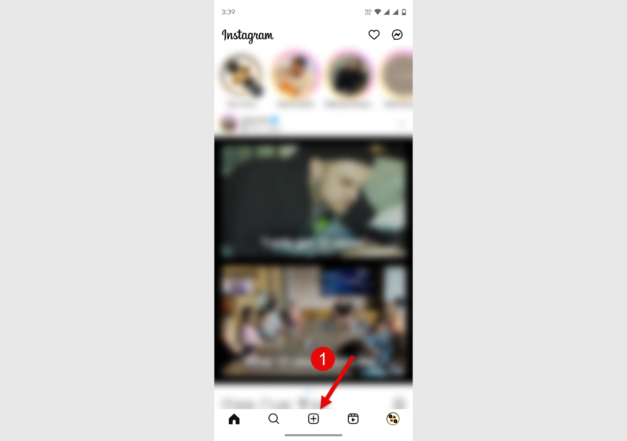 Instagram Create Option in the application open.
