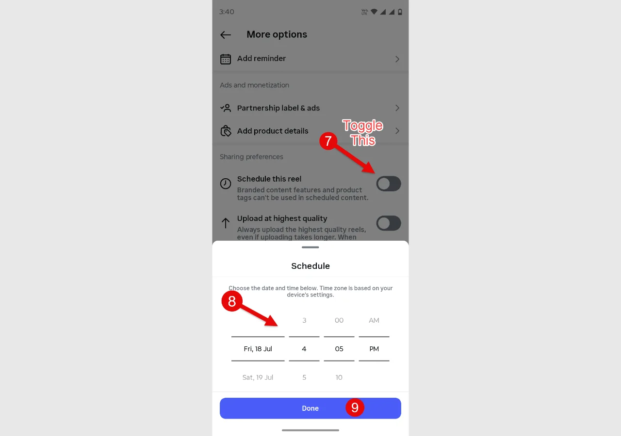 Schedule this reel option in the Instagram More options screen.
