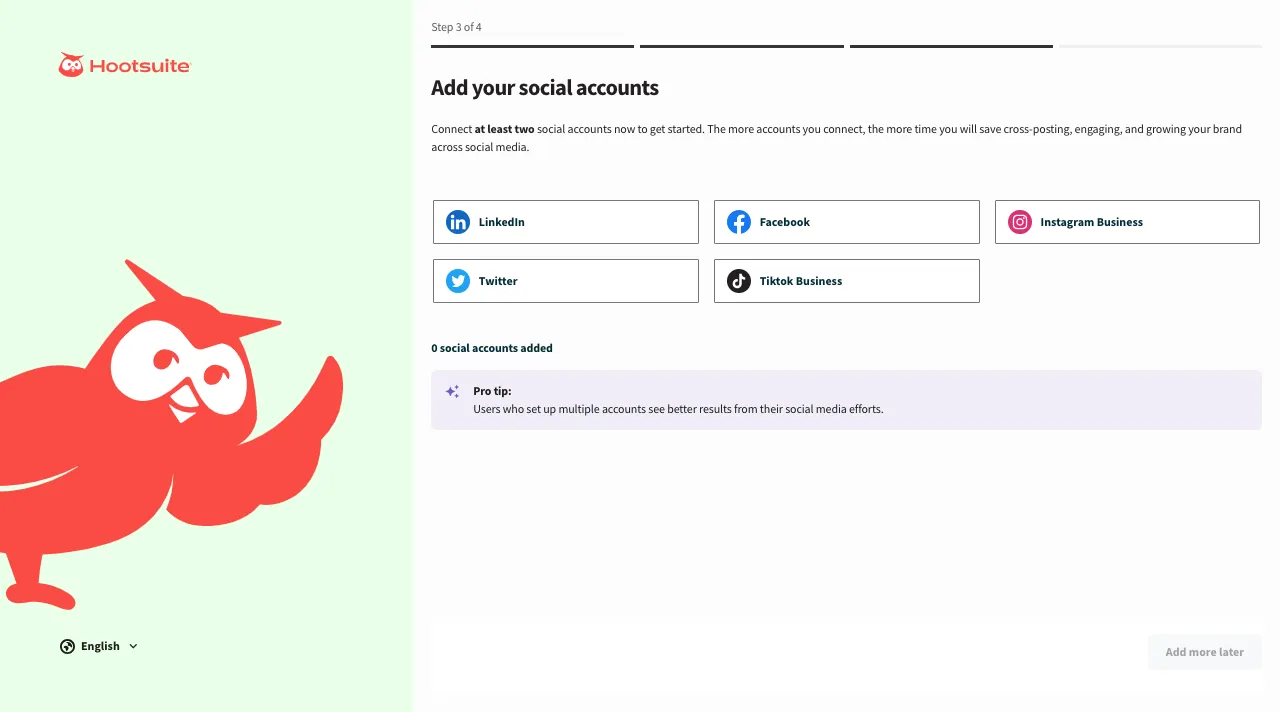 Social media options in the Step 3 of Hootsuite account creation.