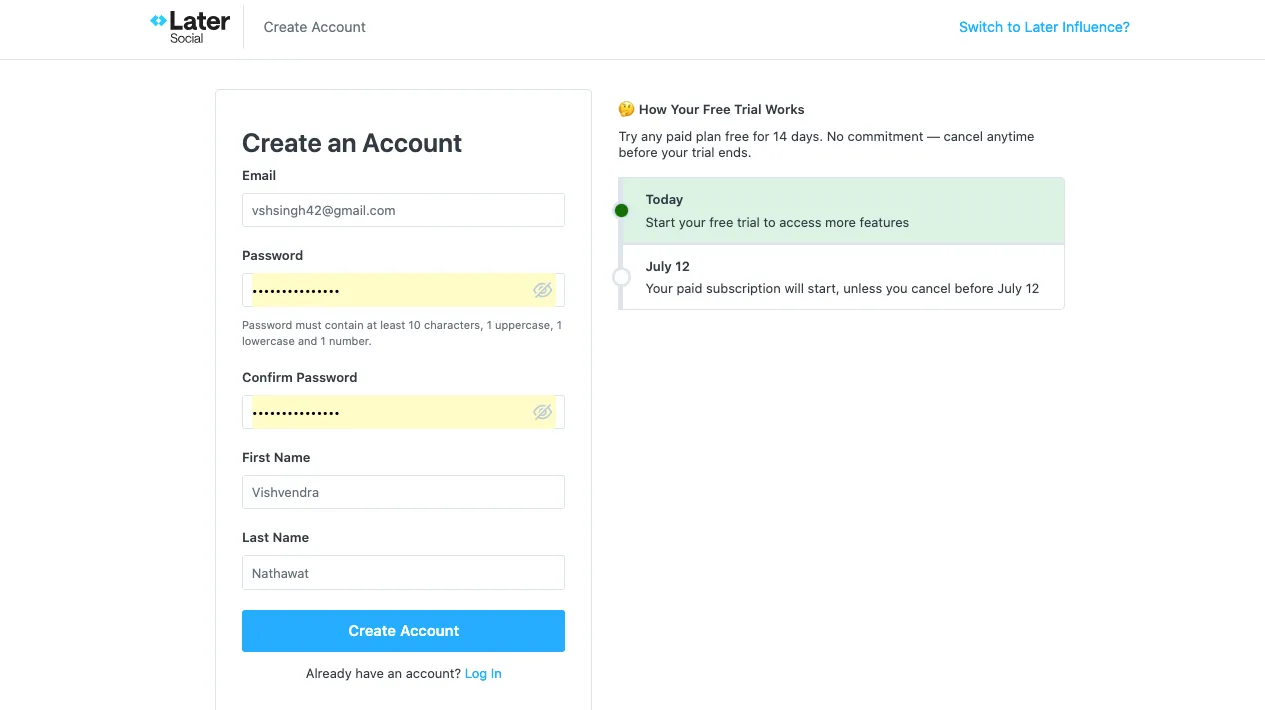 Create an Account page on Later reel scheduling tool.