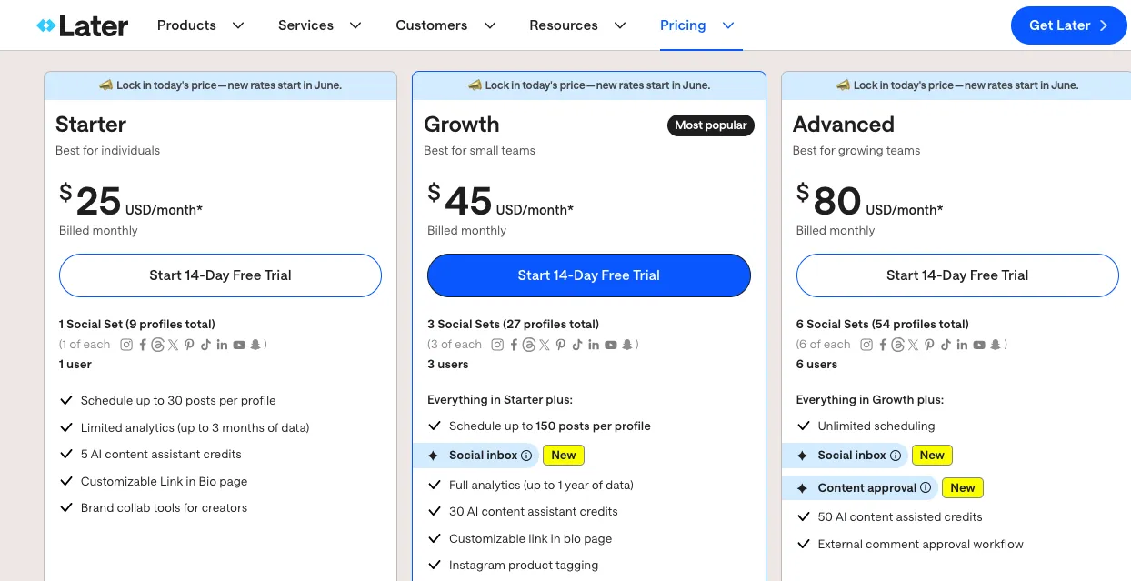Pricing plans of the Instagram Reel scheduler tool, Later.