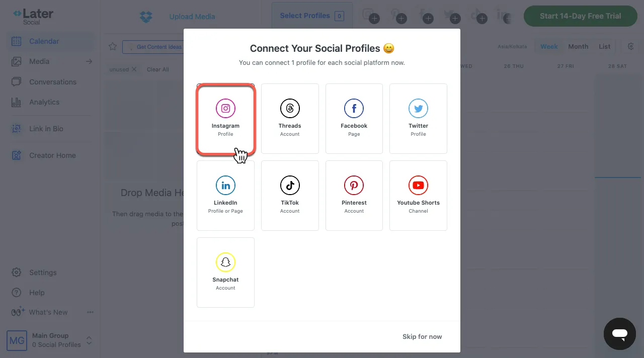 Selecting Instagram profile option in the Later app.