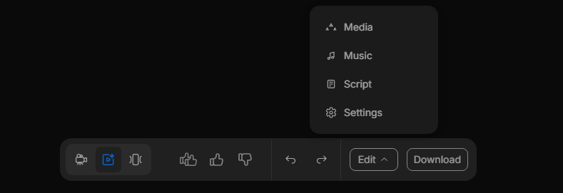 Edit options of the Invideo AI generator.