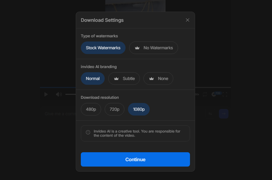 Download settings of the Invideo AI generator for the blog to Video generatation.