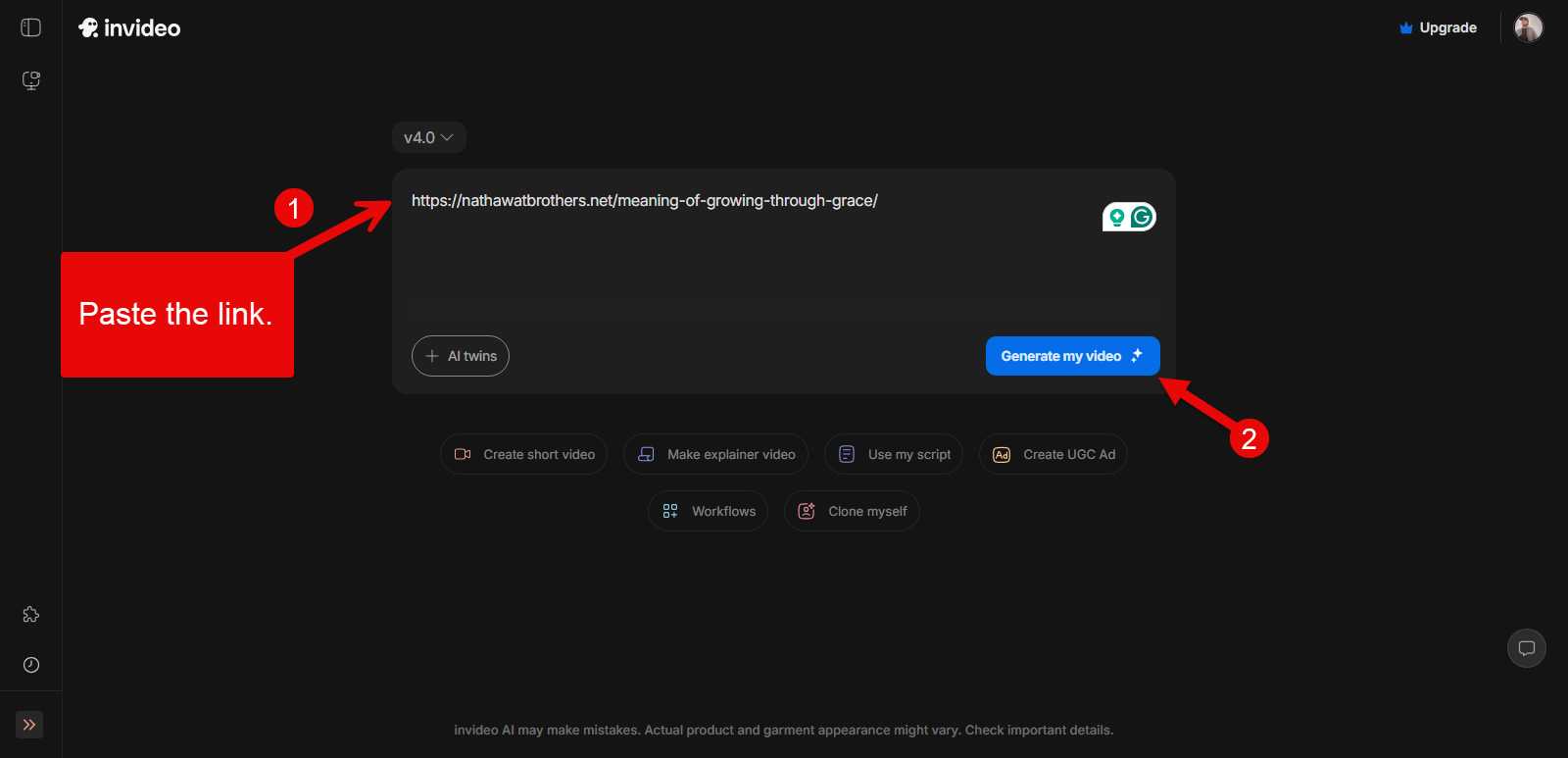 Invideo AI user interface: pasting the blog link.