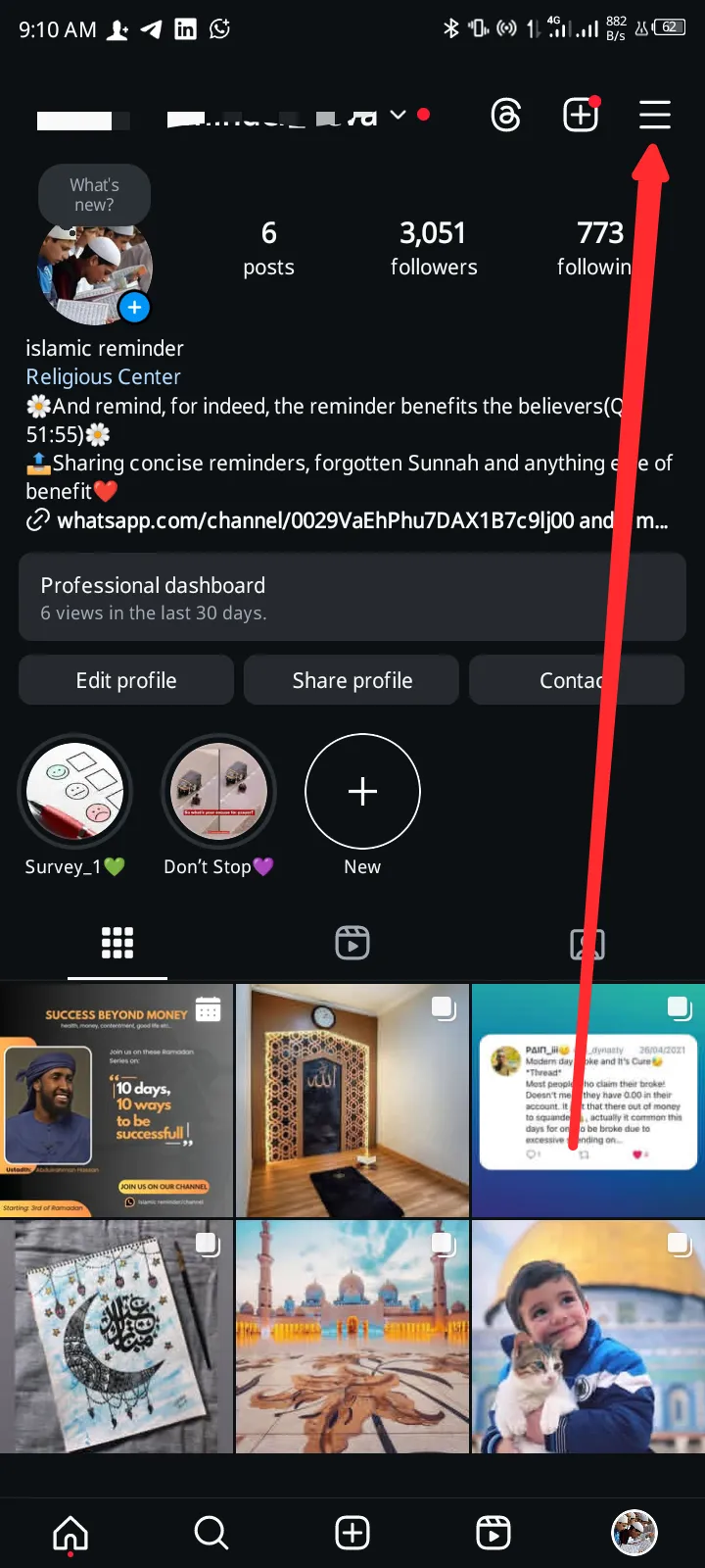 Accessing Instagram account options.