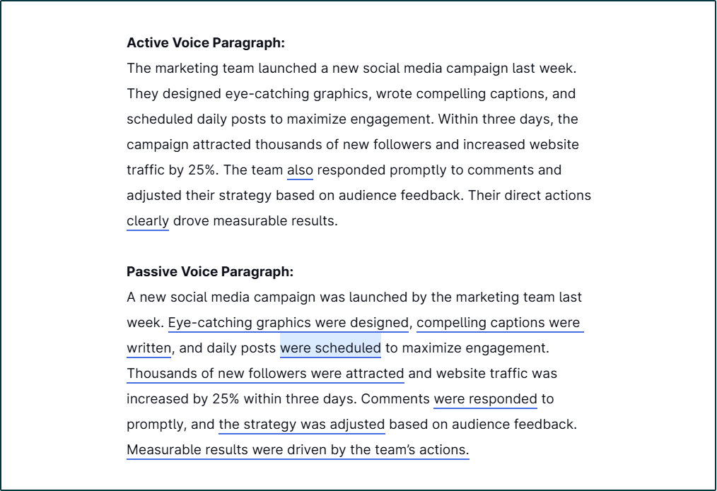 Active and Passive voice comparison to improve readability.