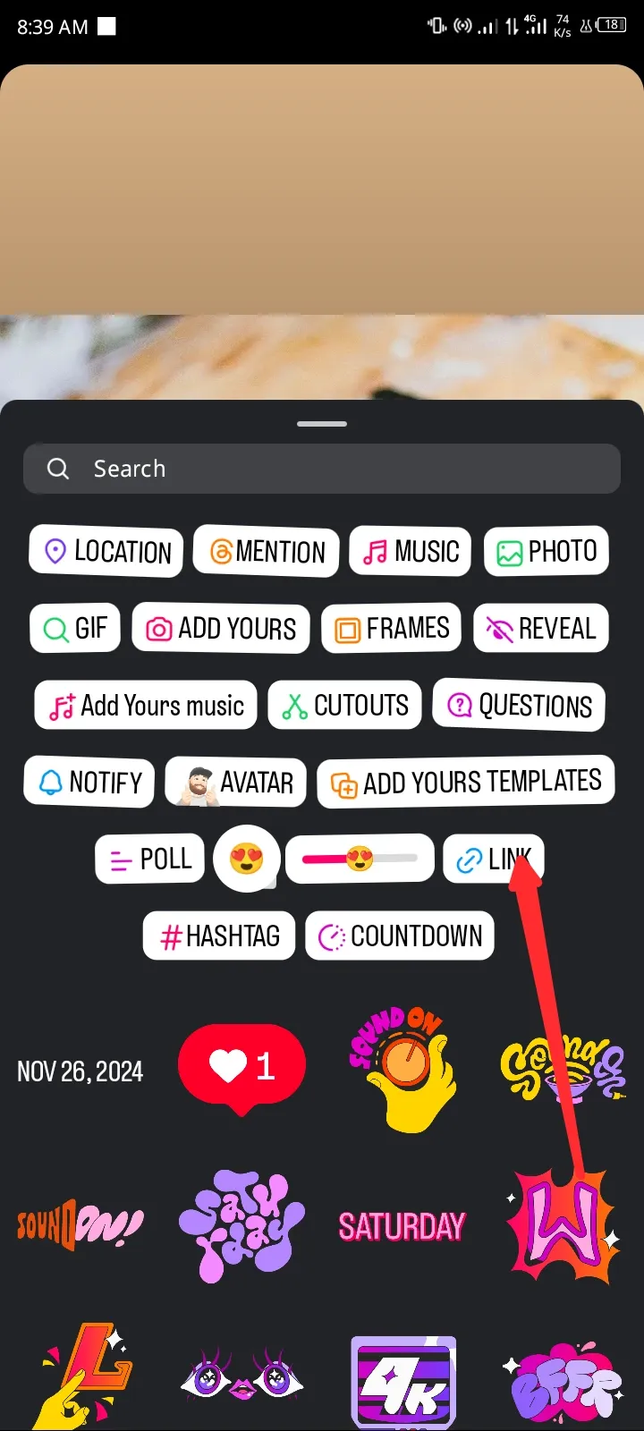 Choosing the Link Sticker to add links on Instagram Stories.