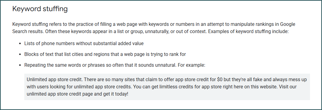 Google's Guideline on Keyword Stuffing.