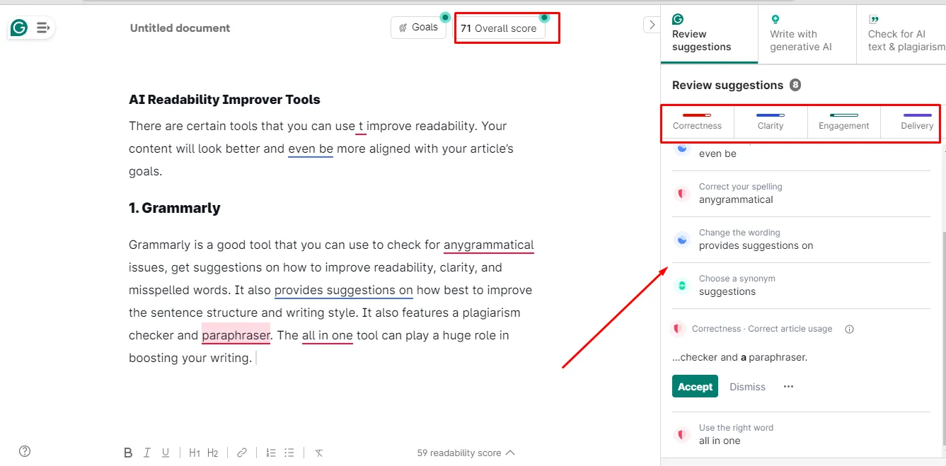 Grammarly ai readability improver tool.