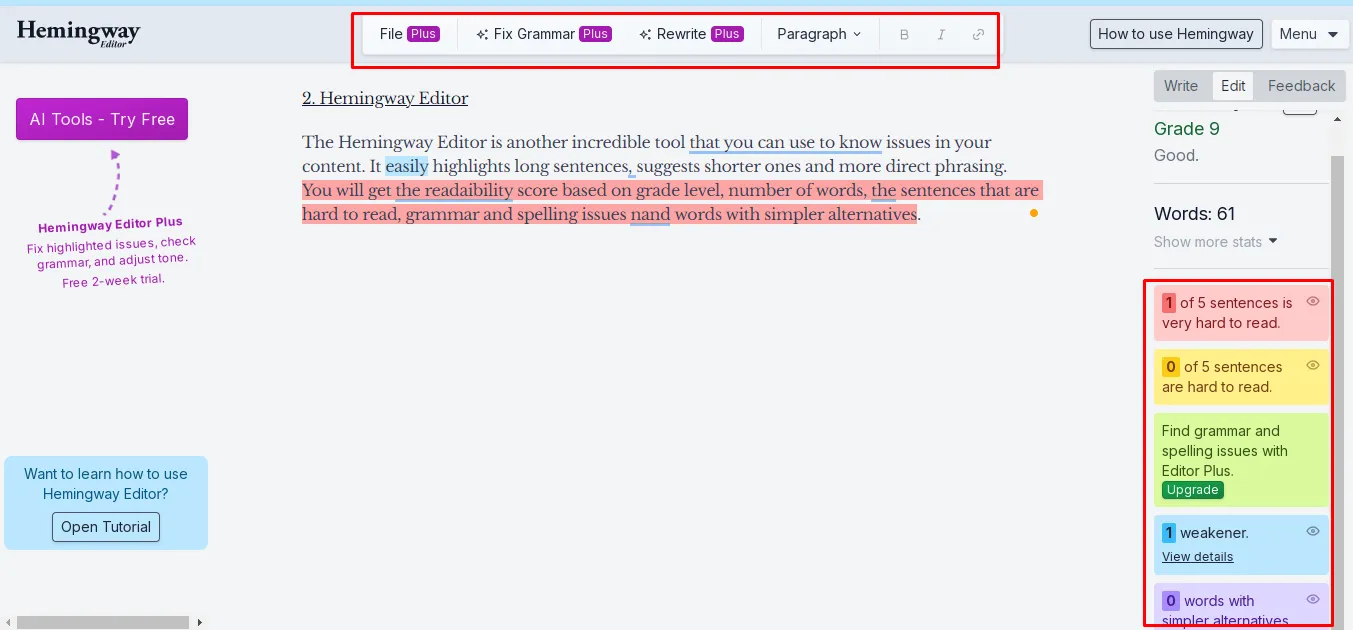 Hemingway editor ai readability improver tool.
