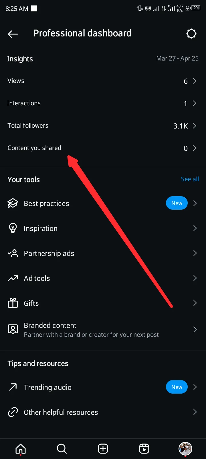 Choosing the 'Content you shared' option.