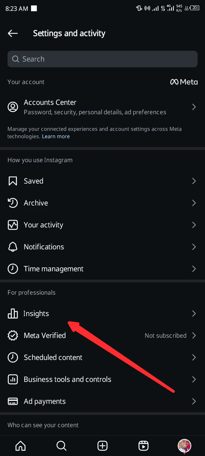 Accessing Instagram Insights option.