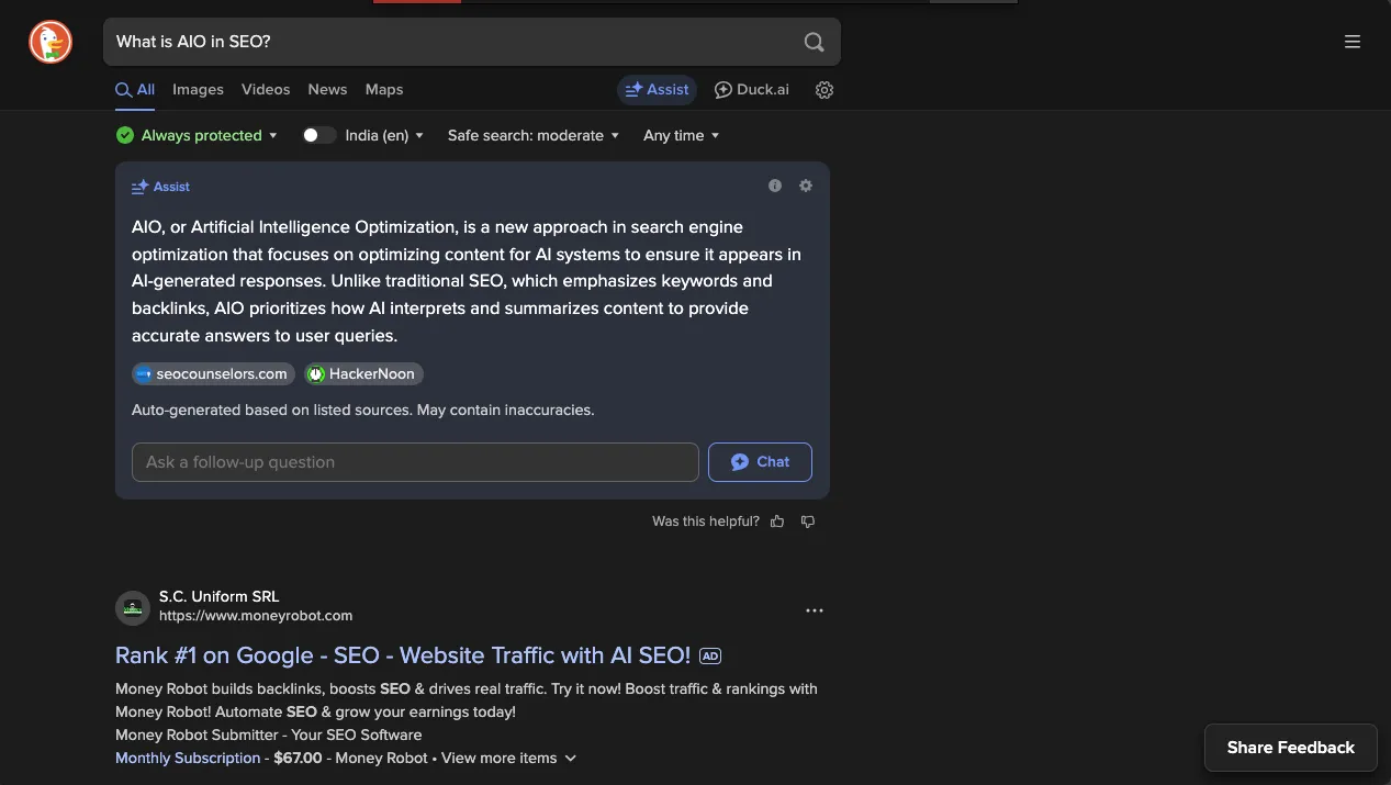 AI Assist example of DuckDuckGo