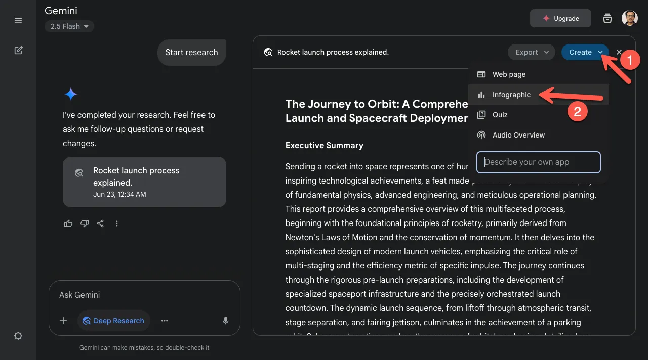Steps to create infographic using Gemini.