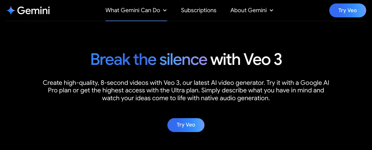 Homepage of Veo 3 in Gemini.