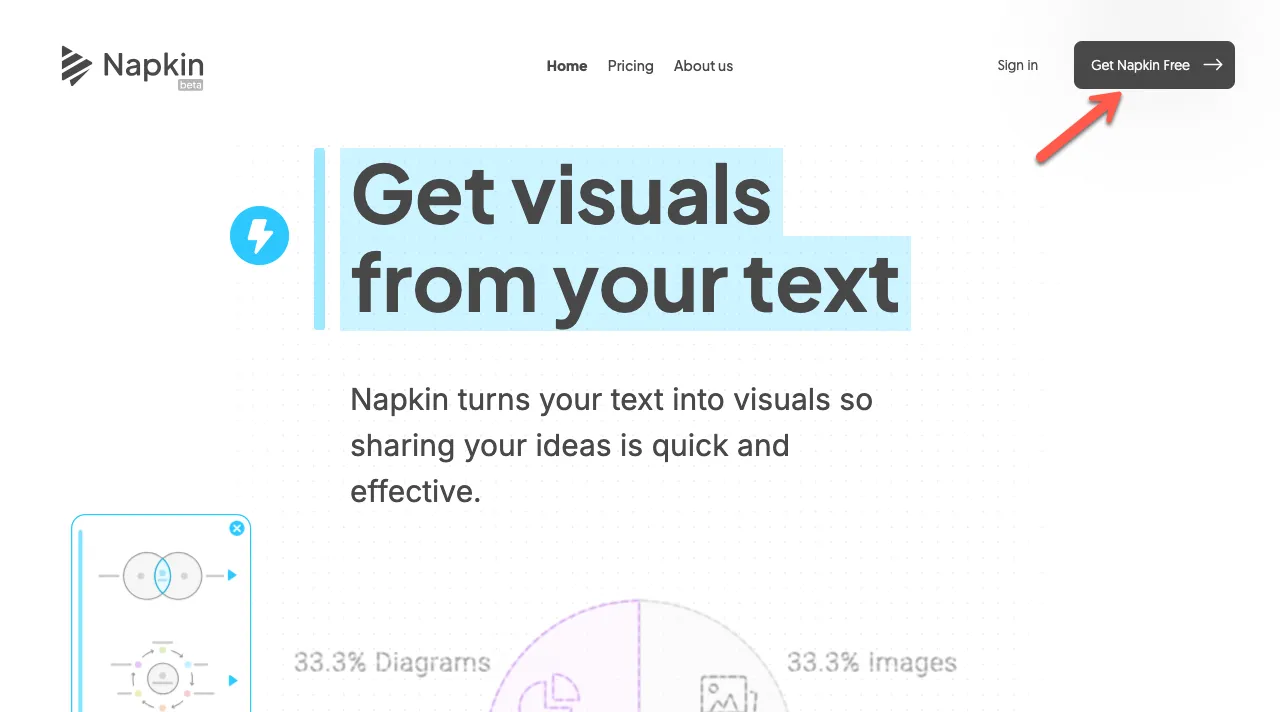 Homepage of Napkin AI.