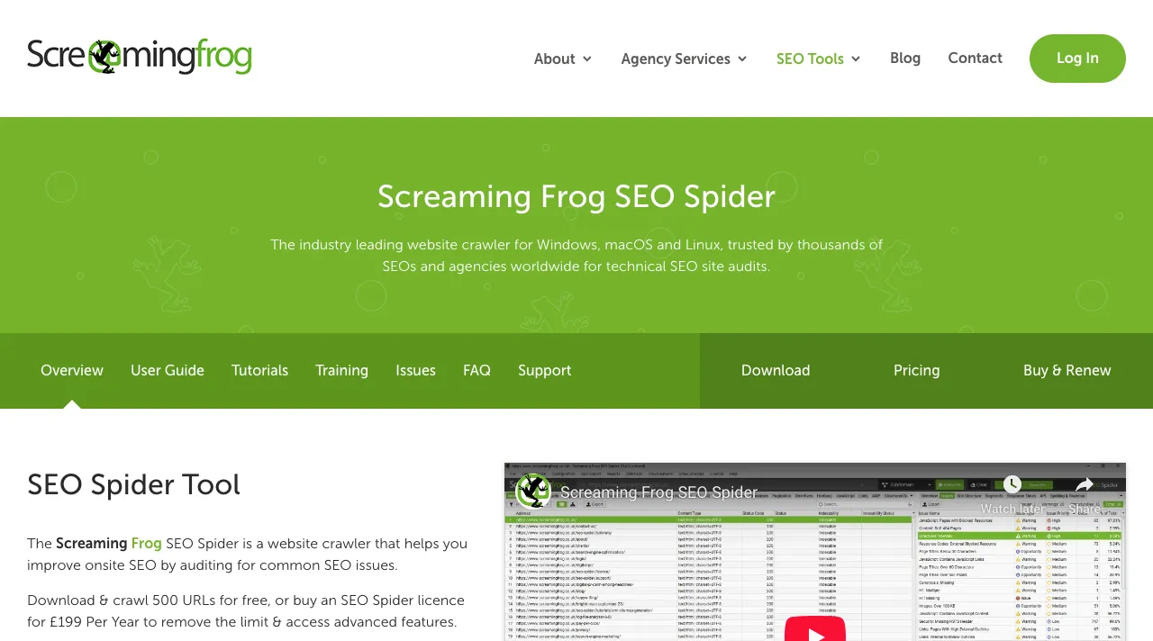 Screaming Frog SEO Spider tool homepage.