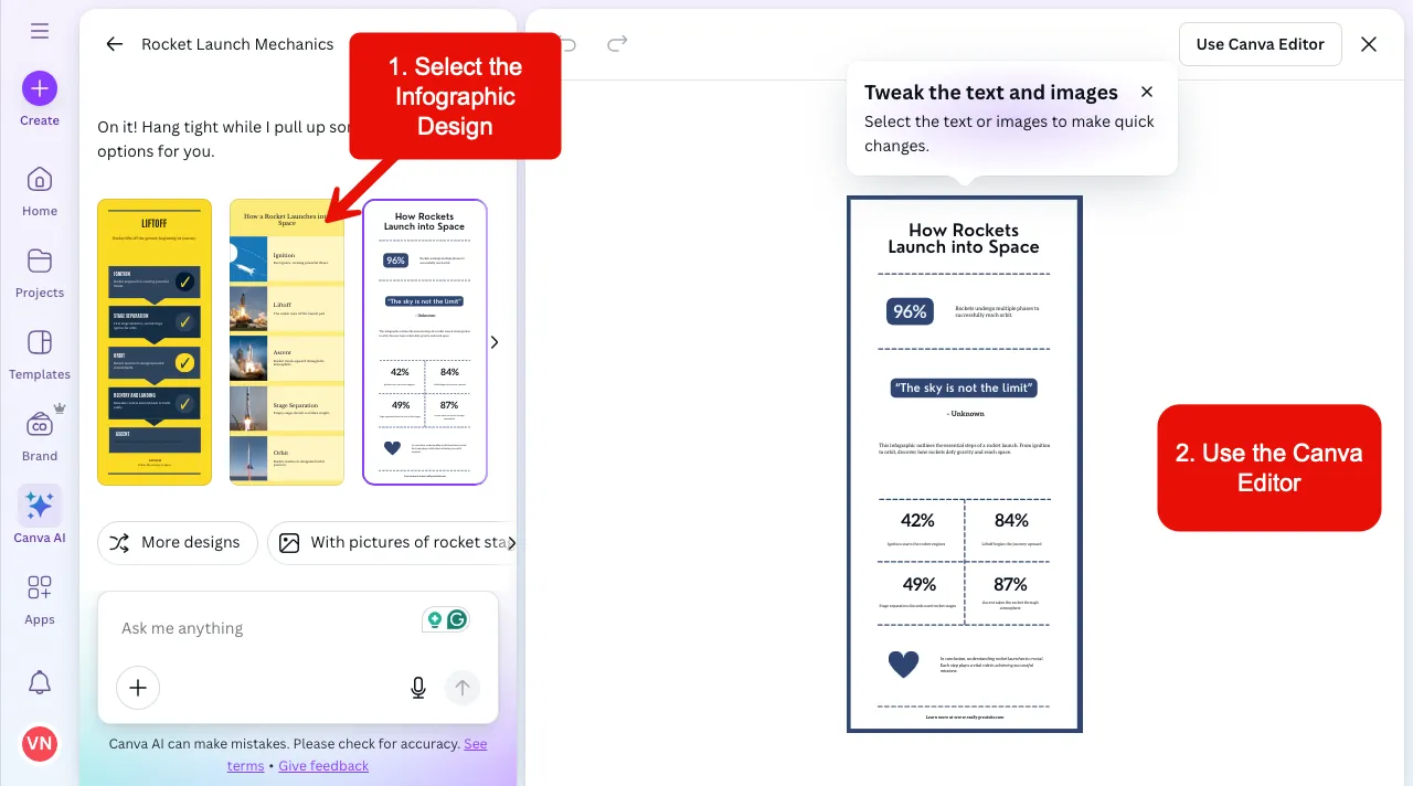 Steps to create infographic with AI using Canva tools.