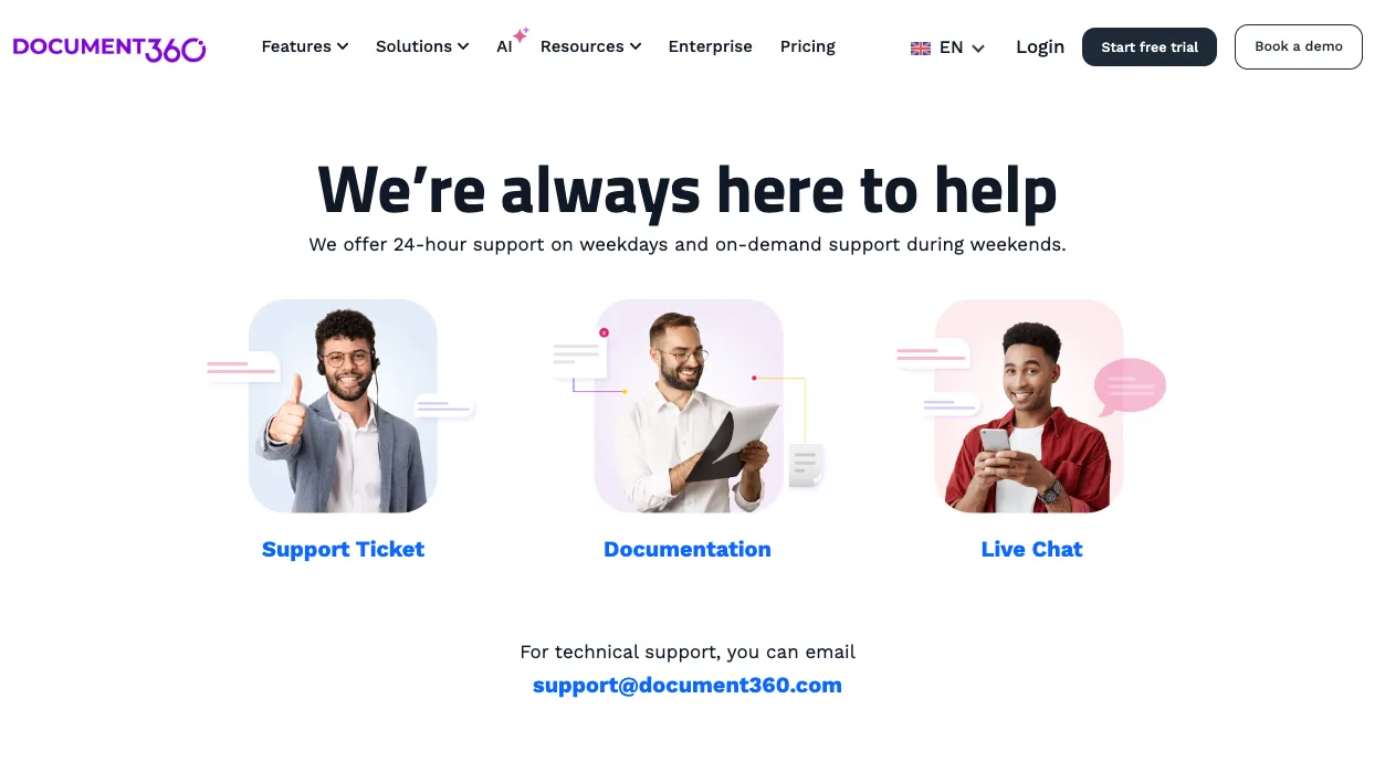 Example of customer support from Document360.