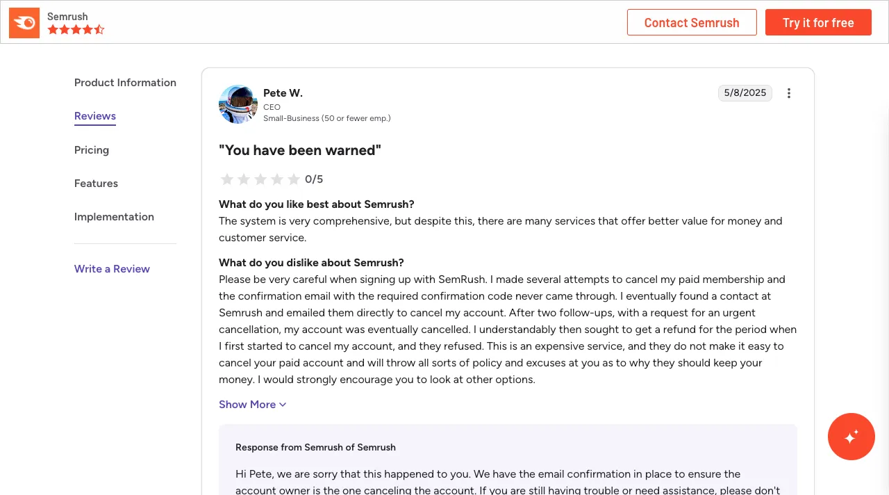 Customer reviews of SaaS on G2.