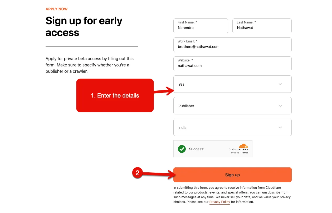 Cloudflare's Pay Per Crawl Request access sign up form.