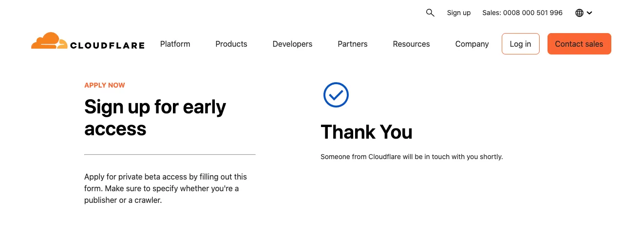 Cloudflare's confirmation message after Pay Per Crawl Request access.