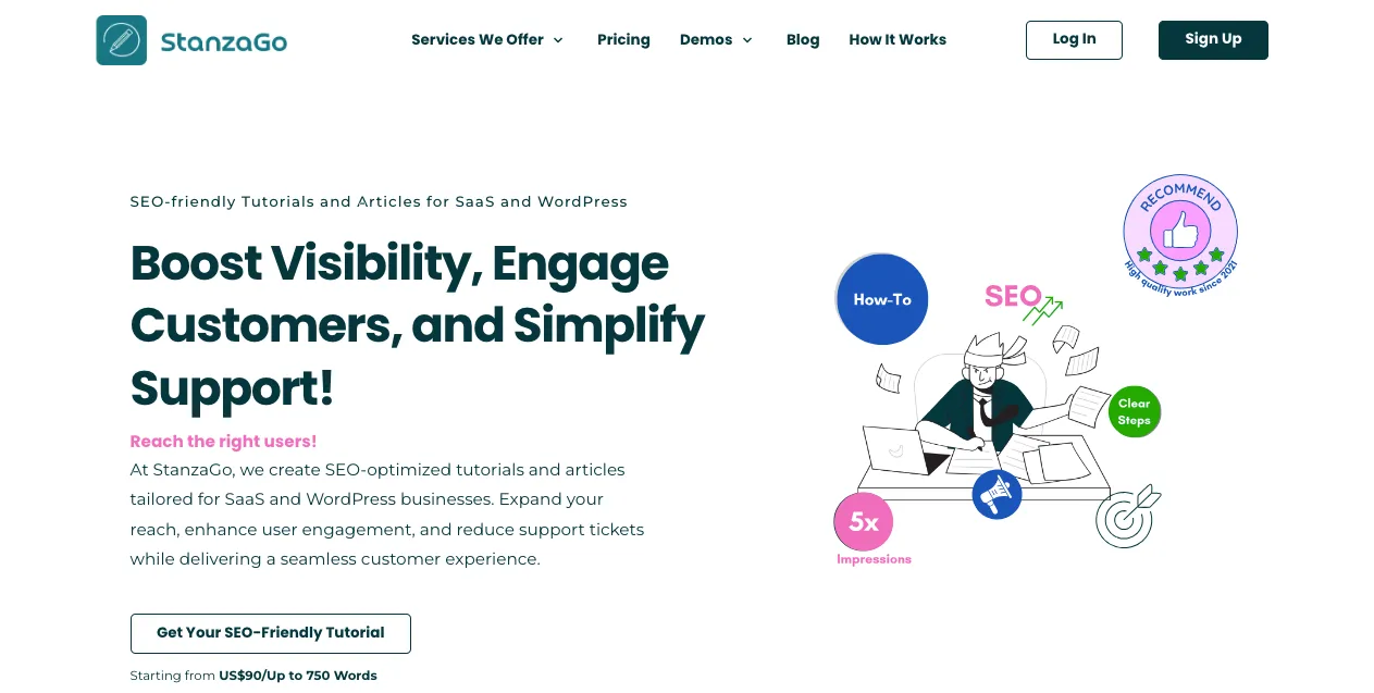StanzaGo SEO tutorial writing service homepage.
