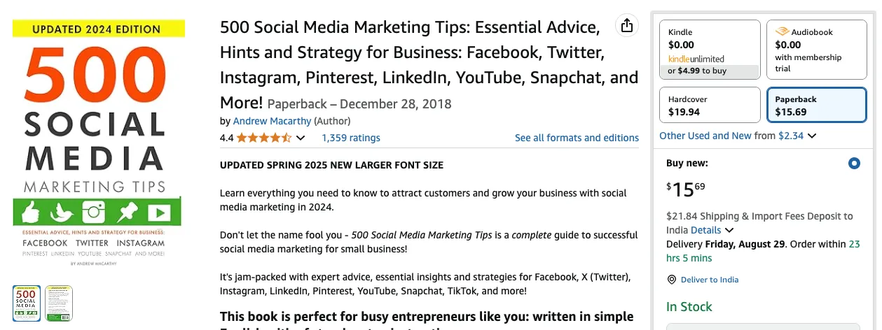 The best Instagram book, 500 Social Media Marketing Tips by Andrew Maccarthy.