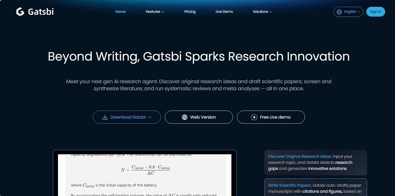Gatsbi AI tool for research paper writing, review, and idea generation.