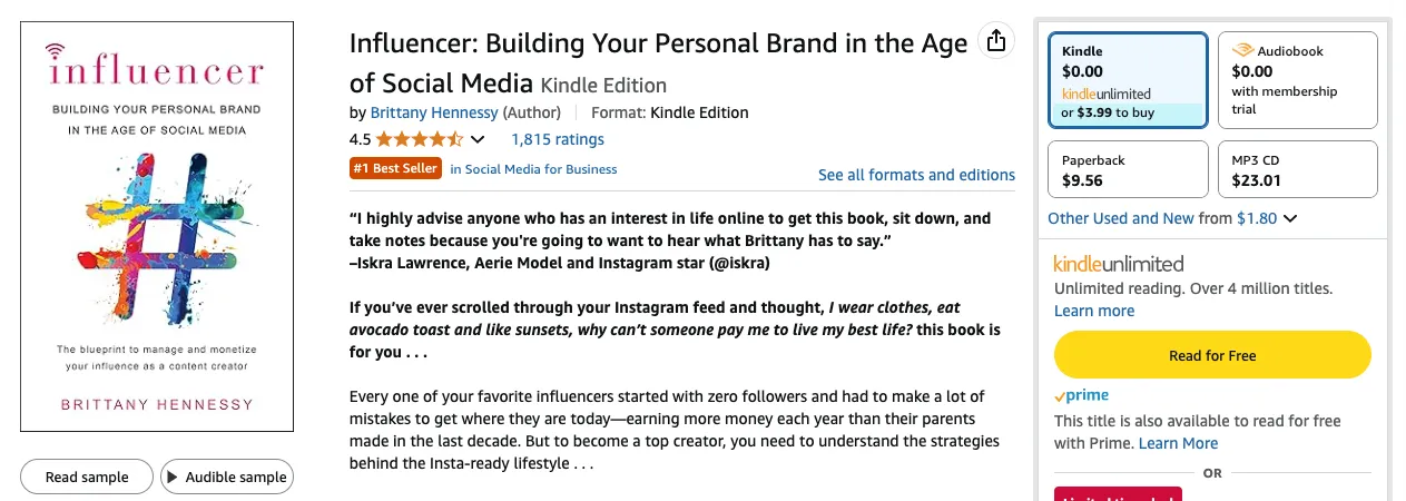 The Influencer book for Instagram by Brittany Hennessy.