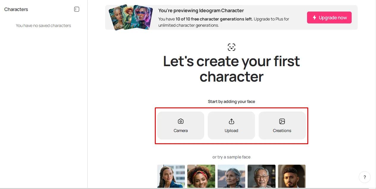 Characters page of Ideogram