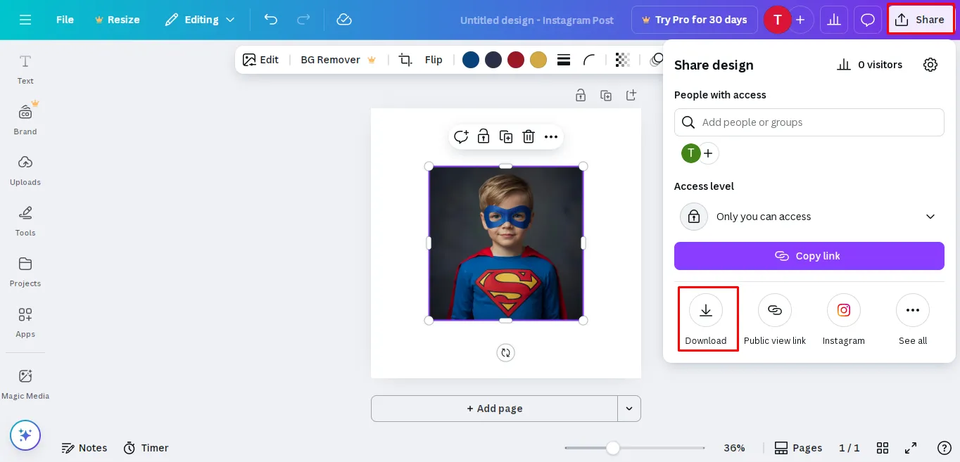 Downloading AI character created in Canva.
