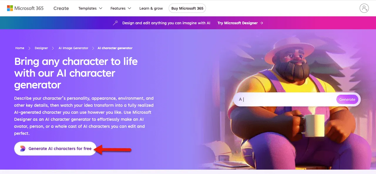 Generate AI character for free option in the Create of Microsoft.