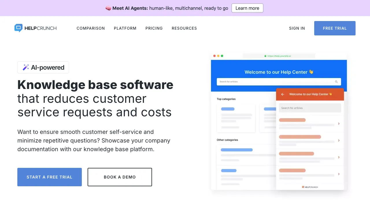 HelpCrunch AI-powered Knowledge base software.