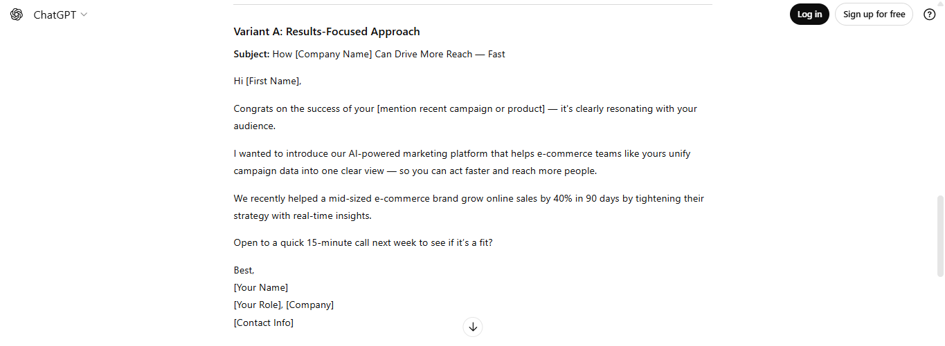 Variation A of Cold Email Templates created using GPT-5