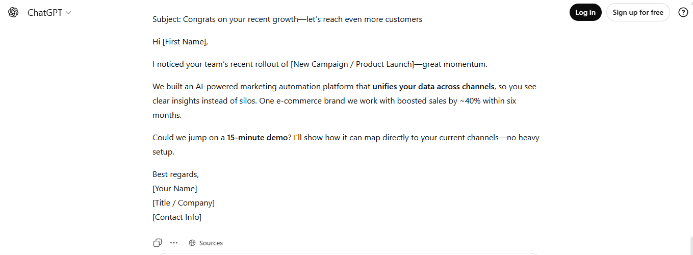 Cold Email Template GPT-5 Result 1